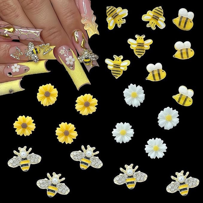 100PCS Nail Charms and Gems Gold Bee Yellow Flower for Nails Design，3D Daisy Y2k Nail Jewels Bulk Nail Art Decor Set