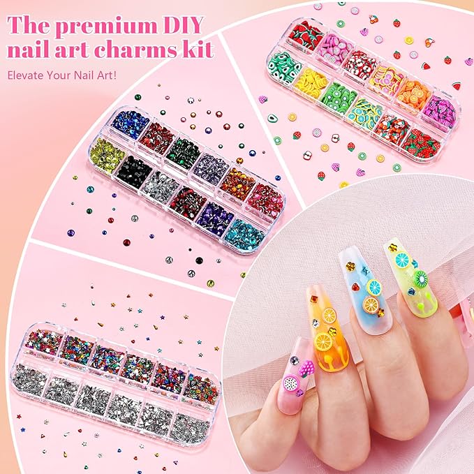 9 Boxes Nail Art Rhinestones Kit with 30 Sheets Nail Art Stickers, Gold Nail Studs Nail Sequins Flatback Pearls Rhinestones for Crafts, Small Fruit Nail Charms Tiny Gems for Nails DIY Decorations
