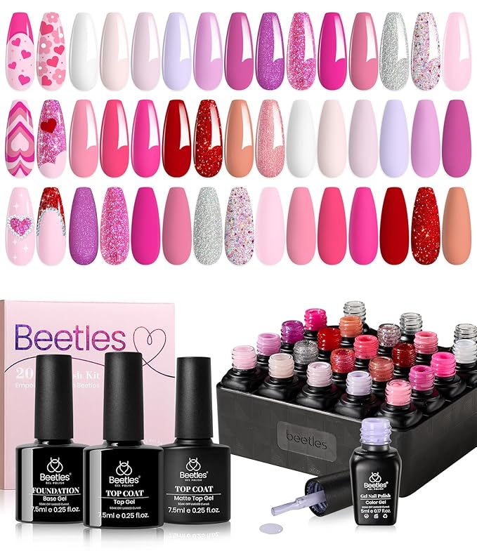 Beetles Pink Gel Polish Set Spring 20 Colors Hot Pink Alluring Sweetie Collection Nude Purple Glitter Red Uv Gel Manicure Kit with Base Glossy and Glitter Top Coat Gifts for Women