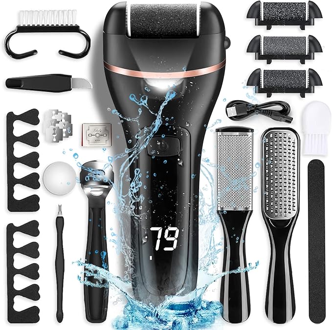 Electric Foot Callus Remover with 3 Roller Heads 2 Speed Rechargeable,Professional Pedicure Pedicure Kit Waterproof Foot Scrubber File,Pedicure Tools,Foot Care for Dead Hard Cracked Dry Skin