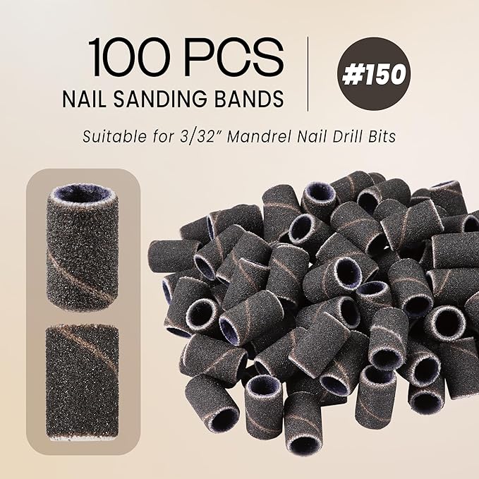 100 Pcs Large Nail Drill Bits Sanding Bands for Nail Drill – Nail File for Acrylic Nail Gel Manicures Pedicure PANA Nail Drill Bits (Sanding Bands Variation 01) (150 Grit, Large Black)