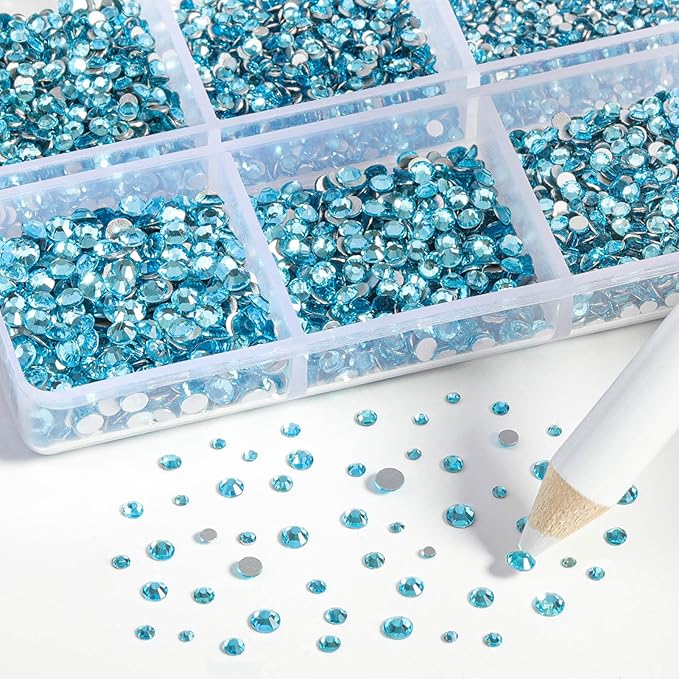 Beadsland 7200pcs Flatback Rhinestones,Blue Rhinestone Nail Gems Round Crystal Rhinestones for Crafts,Mixed 6 Sizes with Wax Pencil Kit, SS3-SS10,Aquamarine