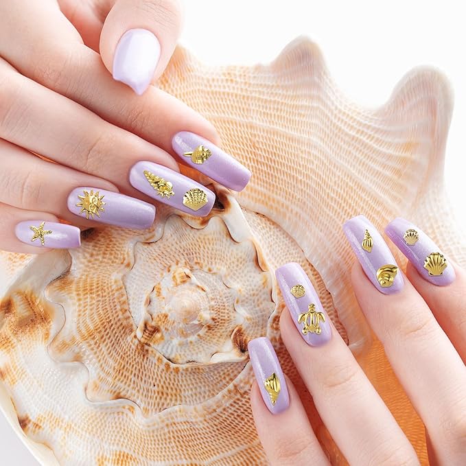 Ocean Nail Charms Nail Art Stickers 2 Disc, Beach Starfish Sea Seashell Charms Decals, Gold Metal 3D Gems Decals for Manicure DIY Embellishments 12 Style