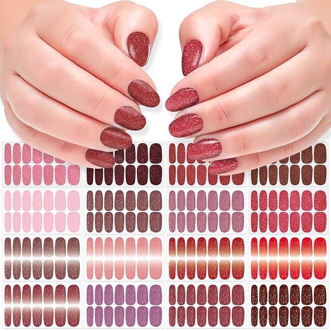 DANNEASY 16 Sheets Nail Polish Stickers Full Nail Wraps for Women Gradient Color&Glitter Fingernails Wrap Adhesive Nail Polish Strips Gel Nail Strips with File, Cuticle Stick