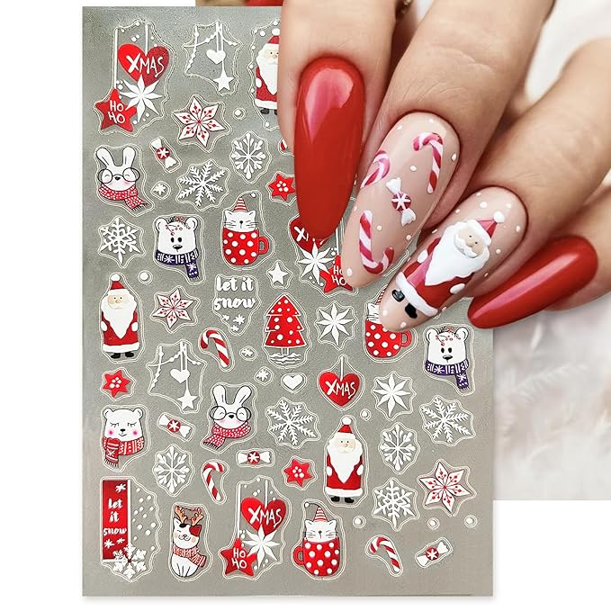 Christmas Nail Art Stickers, Self-Adhesive Red Santa Hat Snowflake Elk Xmas Tree Design for Holiday Nail Decals, Pegatinas Uñas Navidad DIY Decorations (4 Sheets)