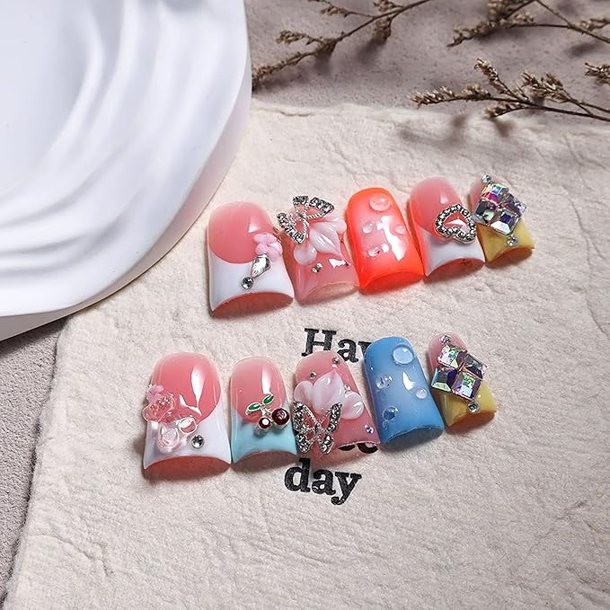 10Pcs Press on Nails Handmade Orange Medium Duck Fake Nails French Tip False Nails 3D Flower Art ＆ Rhinestone Design Muti-Layer Gel Acrylic Nail for Women (Size M)