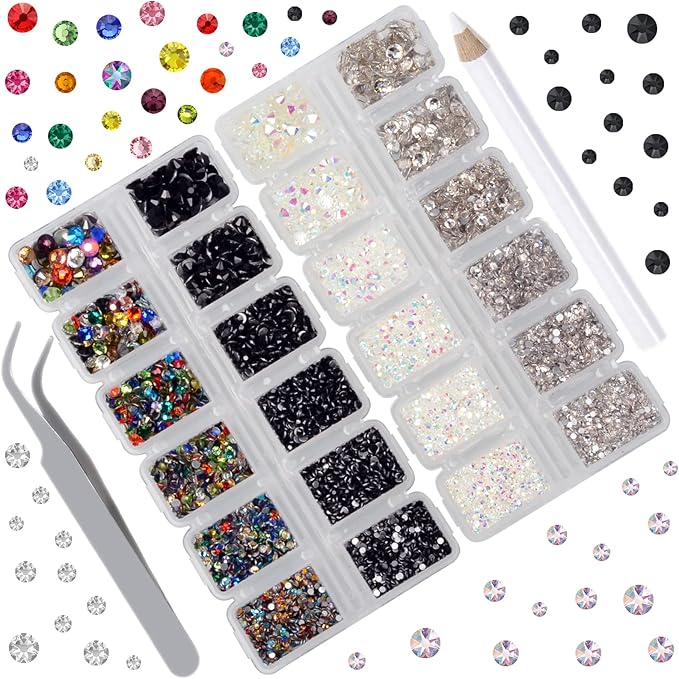 10000 Pieces Rhinestones 6 Sizes Round Crystal Glass Flat Back Rhinestones with 1Tweezers and 1Picking Pen for Nail Art Crafts Clothes Bags DIY (4 Colors)