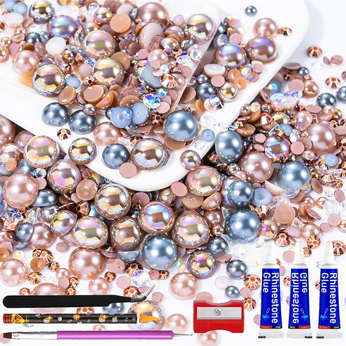60g Coffee Flatback Rhinestones Half Pearls for Crafting, Mixed Size 3mm-10mm Resin Rhinestones for Bedazzling, Small Pearls for DIY Tumblers Mugs Nail Art Shoes Clothes with Glue