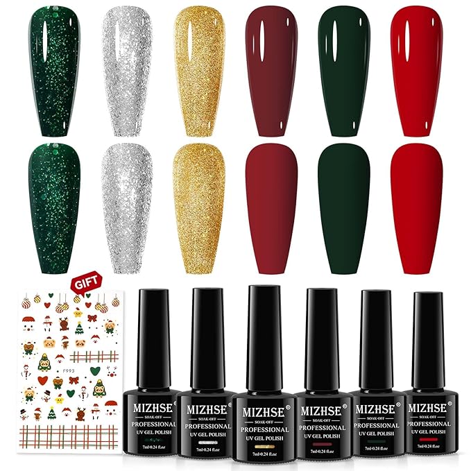 MIZHSE Gel Nail Polish 6 Colors, Classic Red Green Glitter Gold Silver Gel Polish, Long Lasting Soak Off Nail Art Manicure Home New Year Gift for Ladies