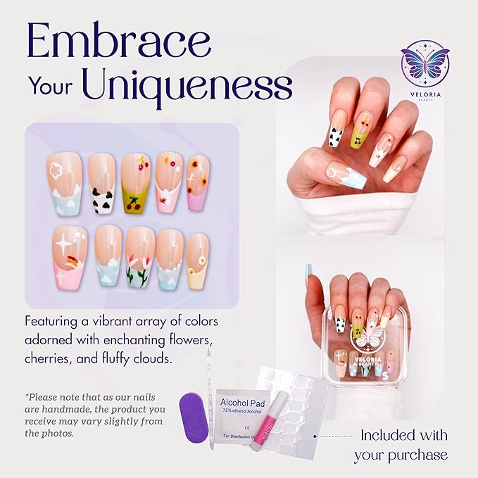 2D Handmade Press On Nails, Long Coffin Shaped w/Flowers, Cherries, & Clouds Acrylic, Gel, Reuseable Kit, For Women Daily Wear or Special Occasion (Celestial Blossom)