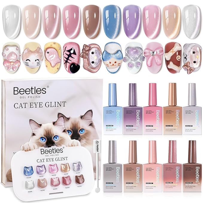 Beetles Cat Eye Gel Nail Polish Set - 10 Colors Glitter Cat Eye Glint Gel Polish Kit Silver Nude Pink Blue Brown Purple Magnetic Shine Soak Off UV French Nail Art Salon DIY Manicure Gift for Women