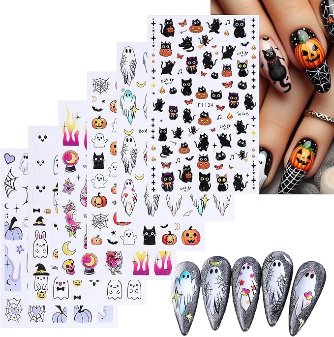 Halloween Nail Stickers for Nail Art Cute Ghost Black Cat Pumpkin 3D Self-Adhesive Nail Decals Nail Art Supplies Ghost Skull Flame Pumpkin Nails Design Manicure Stickers for Nails Decoration 6Sheets