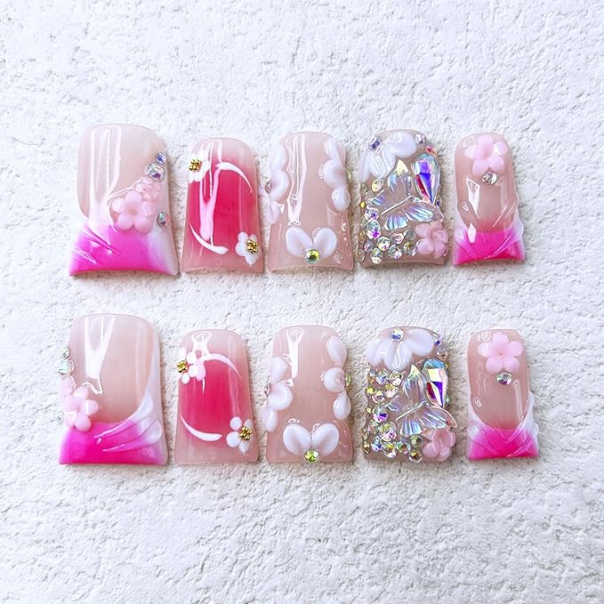 10 Pcs Handmade Press on Nails Medium Duck Fake Nails with Glue,Butterfly Rhinestone Rose Pink False Nails with 3D Flower Designs Thick Acrylic Reusable Stick on Nails for Women Girls（Size M）