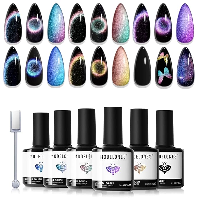 modelones Gel Nail Polish Set, 6 Colors Holographic Colorful Rainbow Glitter Cat Eye Gel Polish Black Purple Blue Green Yellow Coral Pink Nail Polish with Magne Soak Off LED Manicure DIY Gift