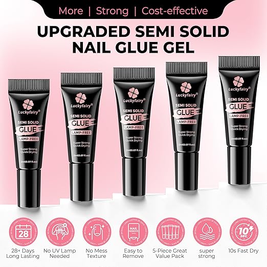 5pcs Super Strong Nail Glue for Press On Nails, Fast-Drying No Lamp Needed, Semi Solid Soft Glue Gel for Acrylic Fake Nails Tips, Mess-Free Precision Mini Tubes 2ml*5, Long Lasting