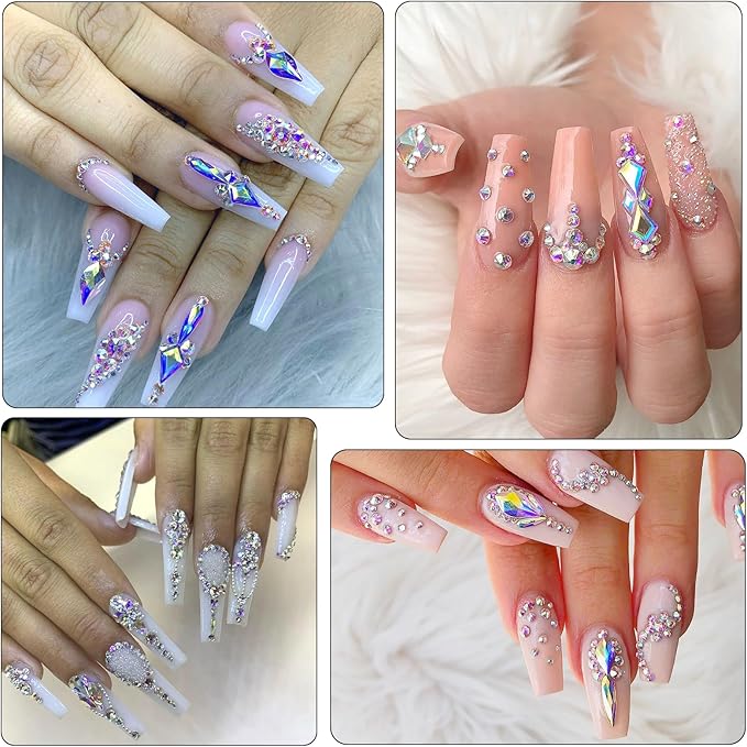 Nail Art Rhinestones - 12 Types of 600 Crystal AB Diamonds, 3D Flatback DIY Pearls, Gems, Beads, Flat Back Stones Set, with Kit, for Nail Art Decor