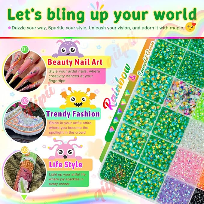 Emerald Green AB Resin Rhinestones w B7000 Glue for Crafting Bedazzling 2-6mm Flatback Colorful Jelly Stones Diamonds Gems Bedazzler Kit for Nails Face Eyes Makeup Tumblers Bottles Crafts Shoes
