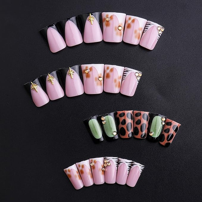 Duck Press on Nails French Tip Fake Nails Leopard Print Glue on Nails with Rhinestone Design Glossy Full Cover Reusable Artificial Acrylic Star Stick on Nail for Women Manicure 24Pcs