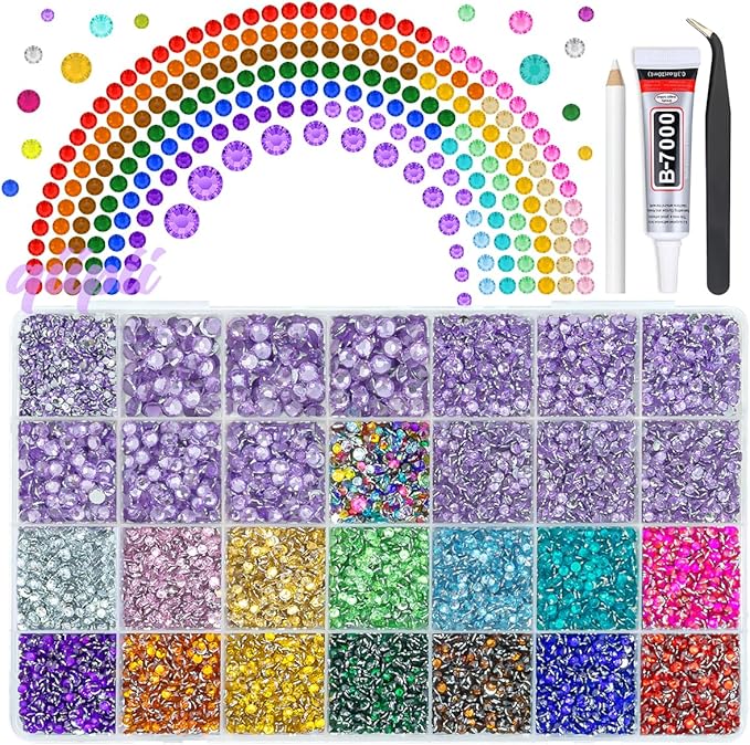 28 Grids Amethyst Purple 2mm-6mm Resin Rhinestones w B7000 Glue for Bedazzling Crafting Colorful Flatback Stones Diamonds Crystals Gems Bedazzler Kit for Nails Face Eyes Makeup Tumblers Crafts
