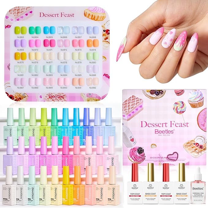 Beetles Spring Gel Polish Set - Dessert Feast 30 Colors Hema-Free Glitter Jelly Nude Pink White Yellow Green Pastel Colors Polish with Base Top Coat Swatch Card Uv LED Lamp Gel Gifts for Women