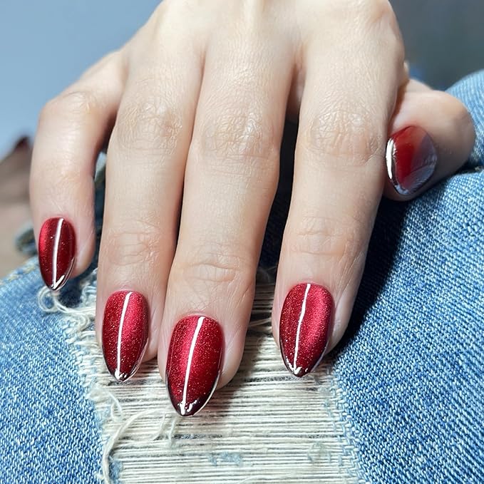 Press On Nails Short Almond Cat Eye Red with Silver Glitter French Tip | Reusable Soft Gel Nails in 12 Sizes-24 Nail Kit with Glue | Designed in L.A, Handmade in Vietnam | Ruby Grace