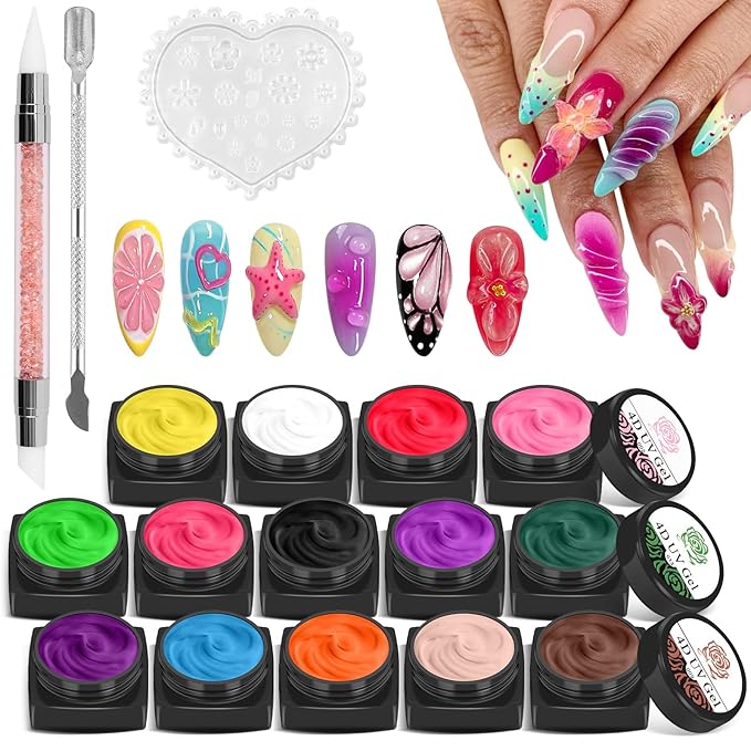 EBANKU 14 Colors Sculpture Painting Nail Gel Set, 3D Nail Carved Gel Sculpture Creative DIY Decoration Painting Glue with Silicone Mold, Silicone Pen, Cuticle Pusher and Carving Brush