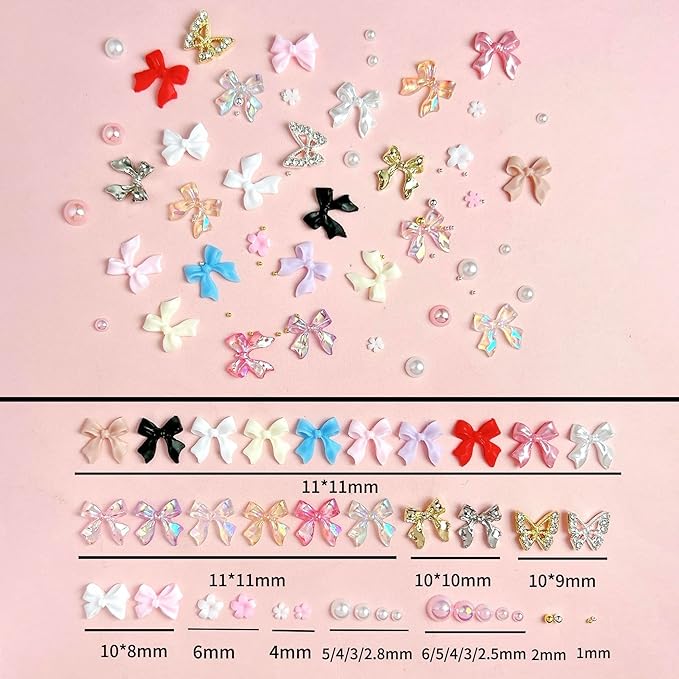 Bow Nail Charms and Gems Kit, 3D Color Kawaii Bow Nail Art Charms Gold Hollow Butterfly Charms Set for Nails Accessories DIY Decoration with Pickup Tools