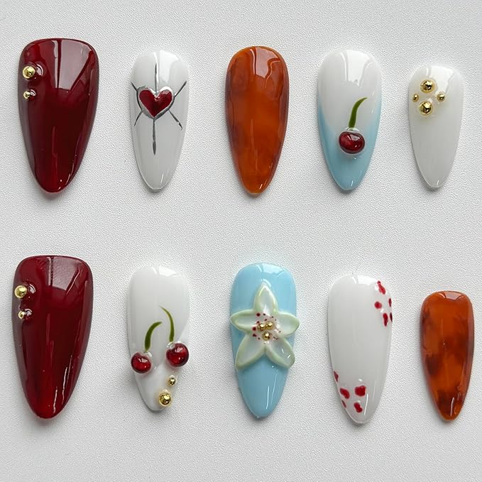 Luxury Press on Nails Medium Almond Handmade 3D Unique Reusable ABS Material Fake Nails French Tip False Nails with Designs Cherry Flower Glossy Heart Glue on Nail Thick Acrylic Nail(M)