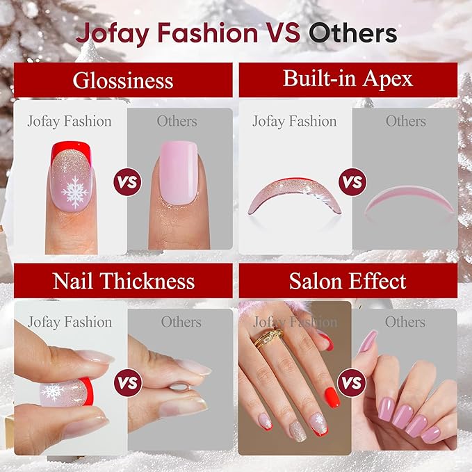 Red Press On Nails Short - Jofay Fashion French Tip Press On Nails, Acrylic Fake Nails with Snowflakes and Gold Glitter, Reusable False Nails Glue On Nails for Women, Stick On Nails Kit 32Pcs