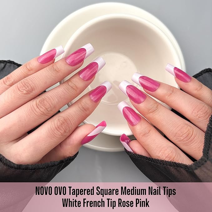 NOVO OVO White French Tip Square Nail Tips Press on ROSE PINK, Extra Thick Medium Soft Gel Fake Nail Acrylic Extension, Need Builder Gel Top Coat, No Glue Included, for Salon DIY x 15 Sizes 240 pcs