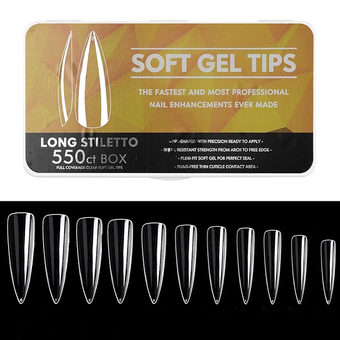 Soft Gel Curved Nail Tips, Full Cover Clear Gelly False Nail, Half Matte Acrylic Fake Nail, Press on Nail Tips Set for Extension, Home DIY Salon Manicure Nail art (Almond 3, 550PCS)