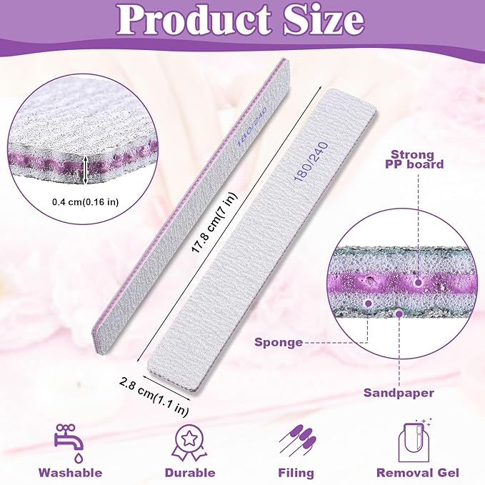 Xinnun 150 Pcs Nail Files 180/240 Grit Double Sides Professional Reusable Emery Board Nail Files for Acrylic Nails Manicure Tools Suit for Home Salon