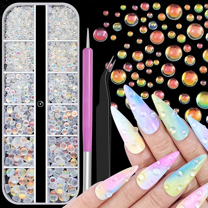 1600Pcs Half Round Resin Bubble Beads,2-6mm AB Colorful Flatback Pearls Beads,Mini Iridescent Crystals No Hole with Pickup Tools for Nail Charms Handmade Phone Case(16-K1-AB-bubble-beads)