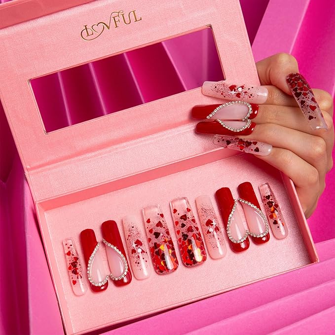 LOVFUL Press on Nails Love Day Exclusive | Handmade with Full Covered Crystals | Reusable Full Cover Nails | Square Mid length 1.7 in | H154-S