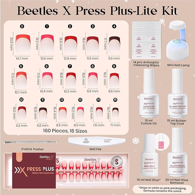 Beetles X Press Plus Red French Tip Nails - Crimson French | 5 Colors Press On Nails Short Square | 160Pcs 16 Sizes All-in-One Kit With Nail Glue,Remover,Builder Top Coat,Nail Lamp Gift