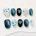 Sun&Beam Nails Handmade Press-on Medium Long Almond Blue Magnet Heart Design Fashion False Nail Tips 10 Pcs Set (#276 S)