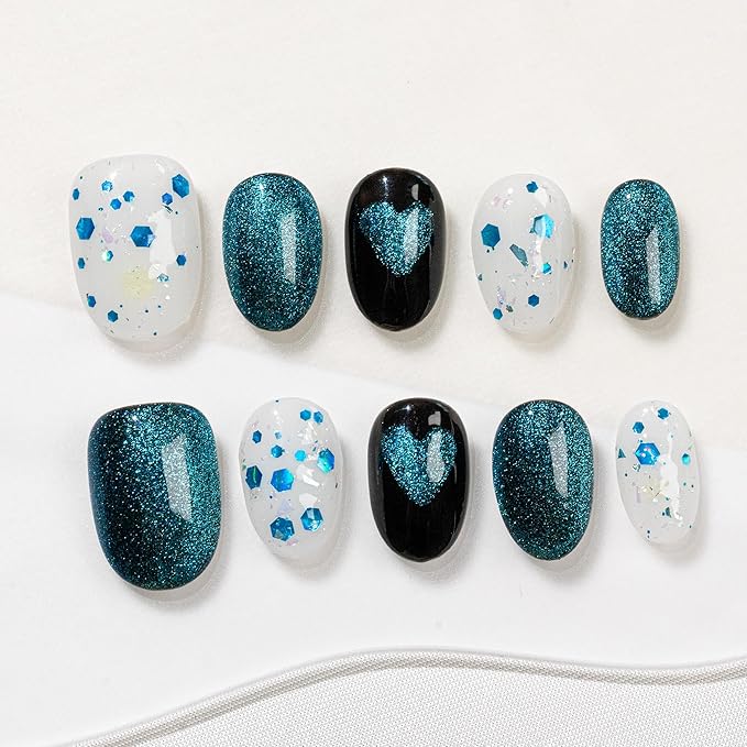 Sun&Beam Nails Handmade Press-on Medium Long Almond Blue Magnet Heart Design Fashion False Nail Tips 10 Pcs Set (#276 L)