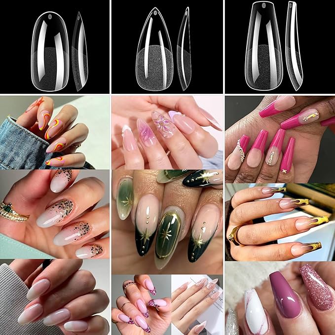BlueZOO Gel Long Nail Tips Pre-etching Almond Coffin Oval Clear Press On Nails, Salon Quality 3 Styles 360Pcs Half Matte Full Cover Acrylic False Nails Extension DIY Manicure Beginner & Professional