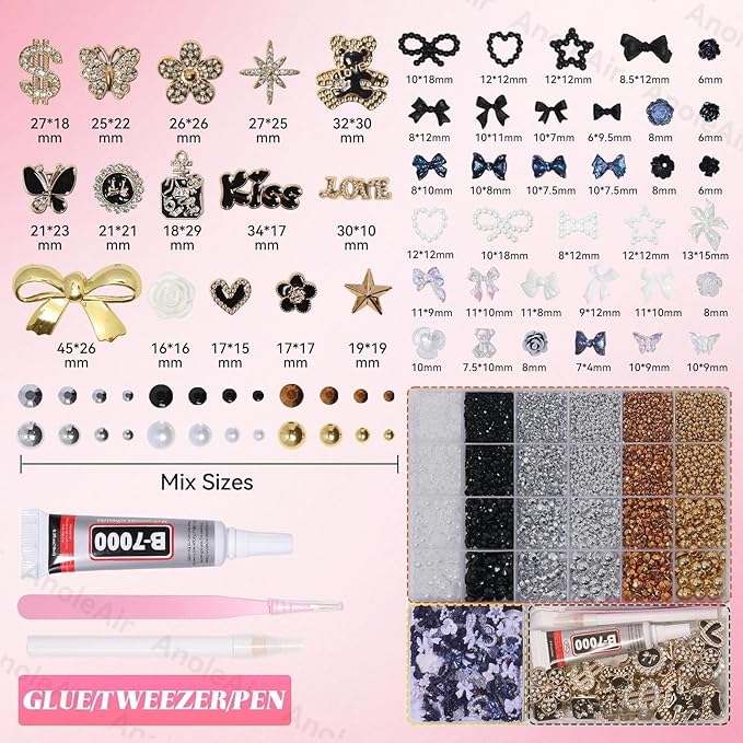 Magic Black Junk Case Charms Kit, Mixed Gold Silver Black Flatback Resin Pearls Rhinestones Bedazzling Kit, Punk Big Junk Phone Cases Charm, Heart Star Bow Flower Charms for Phone Case DIY Crafts