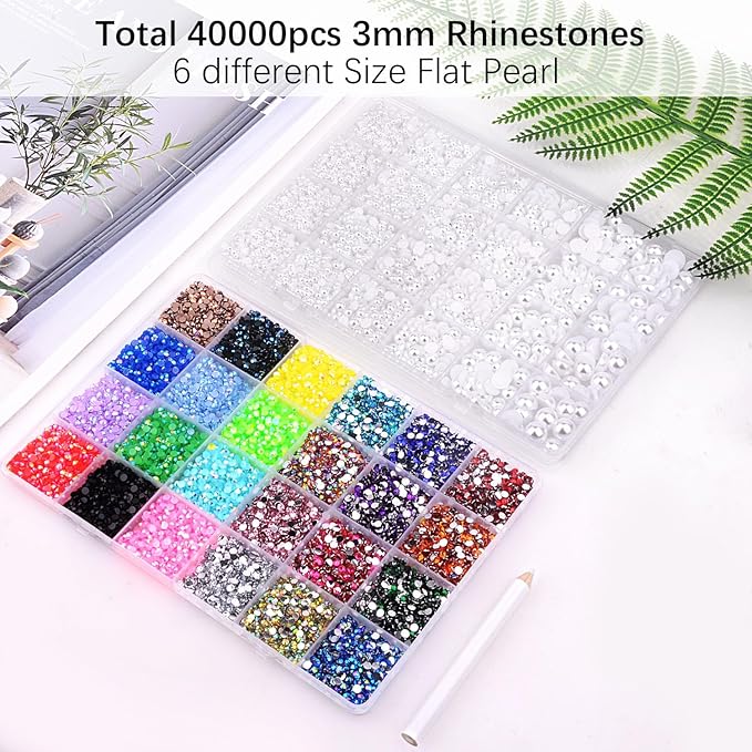 40000Pcs Gems for Crafting,Resin Jelly Rhinestones, 24 Color 3mm Flatback Gems with 24 Grid White Flatback Pearl for Diamond Art DIY Crafts Clothing Shoes Nail Art Decoration ZS004
