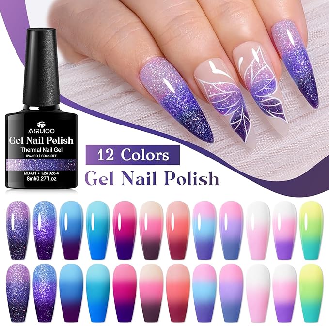 12 Colors Color Changing Gel Nail Polish Set Glitter Blue Purple Temperature Mood Changed Gel Polish Kit Pink Lemon Green Manicure Gifts for Women Girls