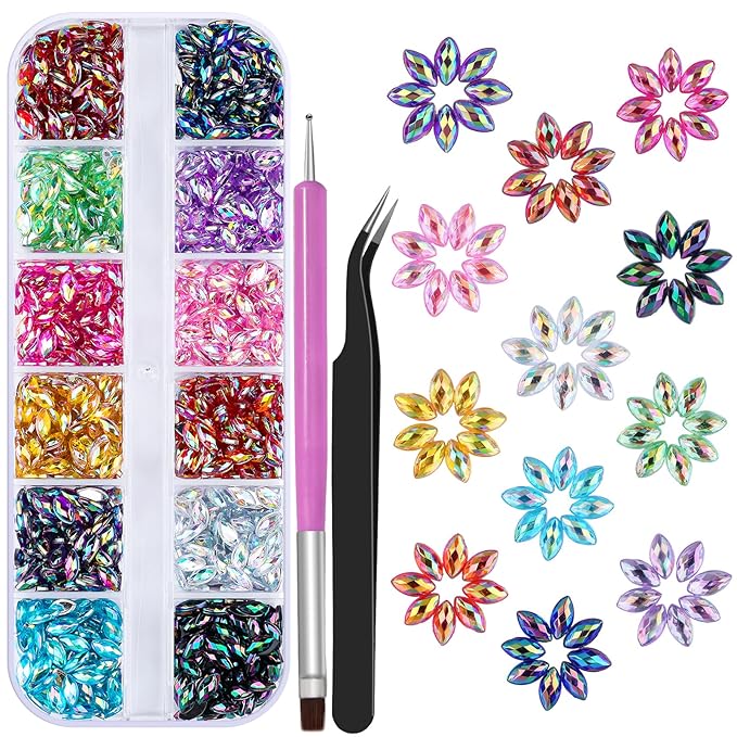960pcs 3x6mm Horse Eye Nail Rhinestones, 12 Colors Sparkling Shiny Crystal AB 3D Flatback Gems Shiny Nail Diamonds with Tweezers and Dual-end Brush for Crafts DIY, Face Makeup Gems Jewels (10-K1)