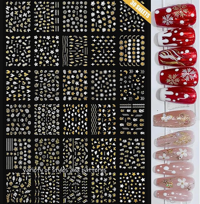 Zoance 102 Sheets Nail Art Stickers & Storage Book,5200 Pieces 3D Self-Adhesive White Floral Nail Stickers with Rhinestones Designs,Multicolor Laser Gold Nail Decals for Women DIY Manicure Decorations
