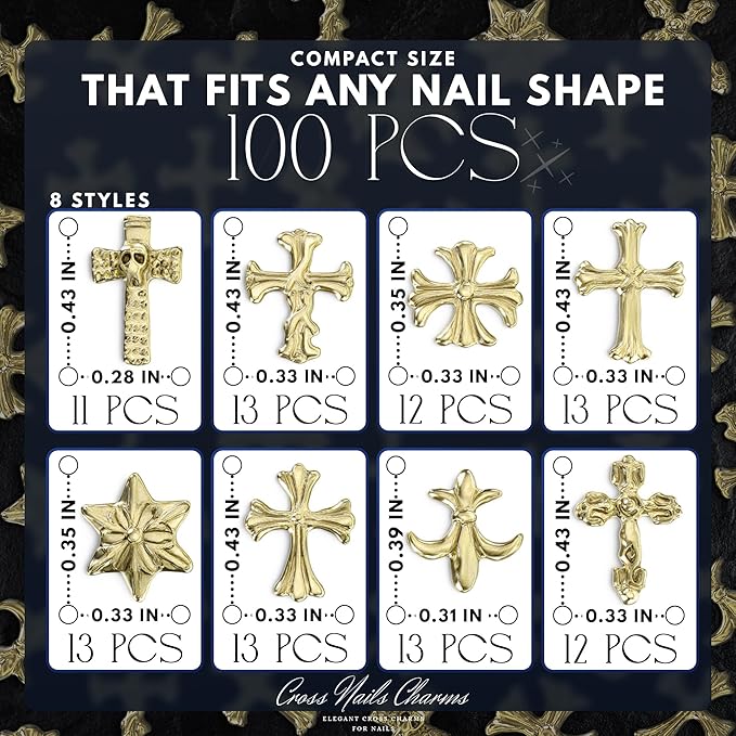 Gold Cross Nail Charms – 100 Pcs Set Gold Nail Charms and Gems in Acrylic & Metal Alloy, Durable 3D Cross Shapes for Trendy & Artistic Designs – Easy-to-Apply Accessories for Eye-Catching Manicures