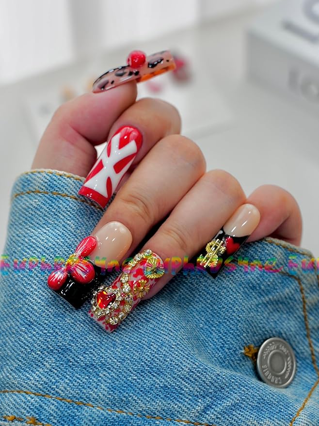 Euphrosyne Y2K Press On Nails – 10pcs Long Coffin Fake Nails with Leopard Print, 3D Cherry, Flowers, Heart Rhinestones & Love Charms | Trendy Stick-On Nails for Women, Cute Nail Art for Party Look