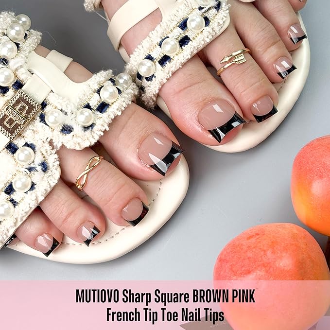 Toe Nail Tips Press on Black French Tip, BROWN PINK Long/Medium Wide Fake Toenails, Full Cover Sharp Square Pre-Designed Soft Gel False Toenail Acrylic Extension for DIY 15 Sizes 240 pcs