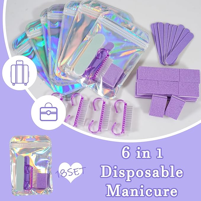 Disposable Manicure Kit Professional, 18 Set Press On Nail Tool Kit with Nail File, Nail Buffer, Nail Buffer Block, Nail Handle Brush, Wood Stick, Packaging Bag (Purple)