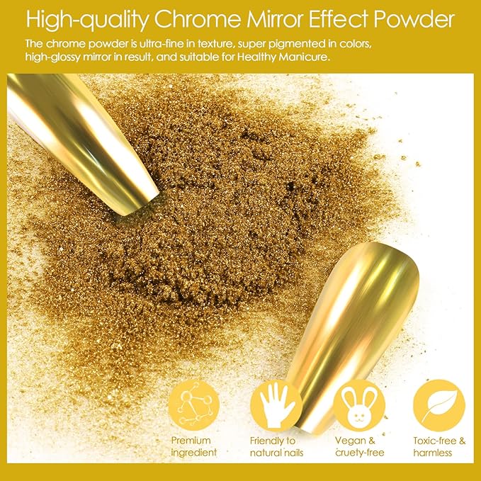 Allstarry Gold Chrome Nail Powder, 2pcs Metallic Mirror Effect Dust Glitter Glazed Manicure Decoration Reflective Pigment for Gel Polish Nail Art Decoration Resin Craft, Festivals - Gold