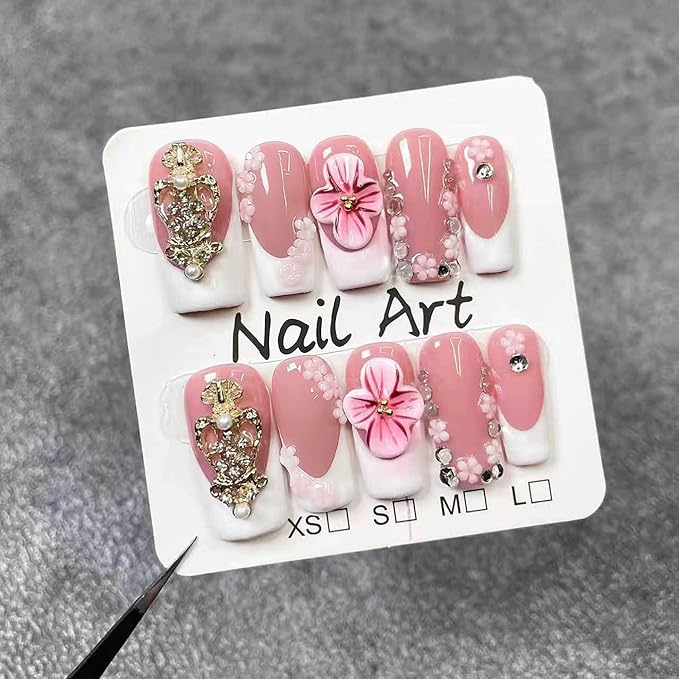 Handmade Press on Nails Medium Square Fake Nails White French Tip Nails Press Ons with Charms and Rhinestones Design False Nails Luxury 3D Flower Artificial Stick on Nail for Women 10Pcs(Size M)