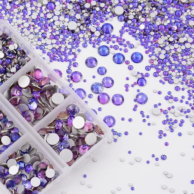 NCB 8000pcs Non Hotfix Rhinestones 10 Sizes Flatback Crystal Glass Rhinestones with Tweezers and Picking Pen for Nail Art Clothes Bags Phone Decorations Crafts DIY (055 Purple Velvet Mix SS3-SS30)